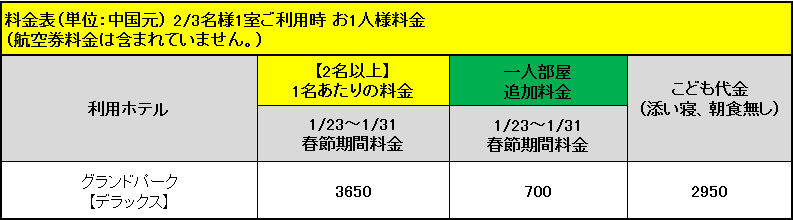 西安3日間　2023春節スペシャル::ホテル価格表